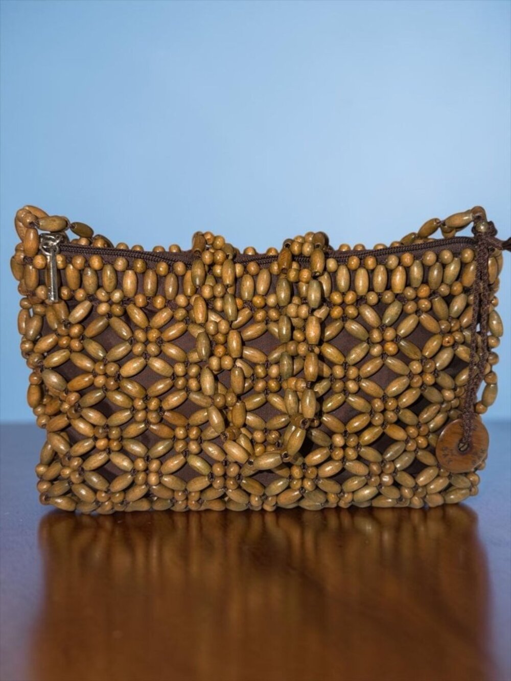 VTG The Sak Bora Bora Wooden Beaded Shoulder Bag Beige Brown Hobo Y2K Boho Beach - Picture 4 of 10